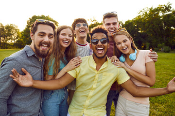 Group of young diverse people enjoy free time in summer, meet up in the park and have fun all...