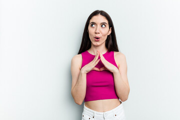 Fototapeta premium Young caucasian woman isolated on white background making up plan in mind, setting up an idea.