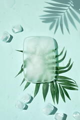 Summer mint green background with cold frozen ice cubes and exotic palm leaves. Direct sunlight...