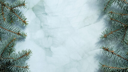 Green monochromatic Christmas banner with simple minimal undecorated fir twigs. Panorama with copy-space on green stone background. Flat lay, top view on wintertime background.