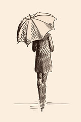 A young slender girl with an umbrella in her hands walks around the city. Pencil sketch on beige background