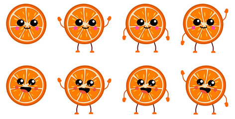 Cute kawaii style orange fruit slice icon, large eyes smiling. Version with hands raised, down and waving