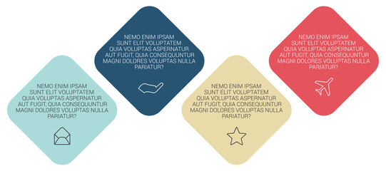 Four rotated squares on the bias arranged next to each other, can be used as infographics element illustrating steps in process
