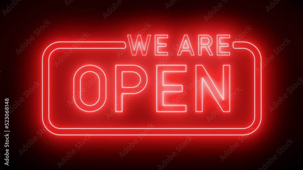 Wall mural illustation of glowing neon sign with message, we are open in red