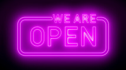 Illustation of glowing neon sign with message, we are open in magenta