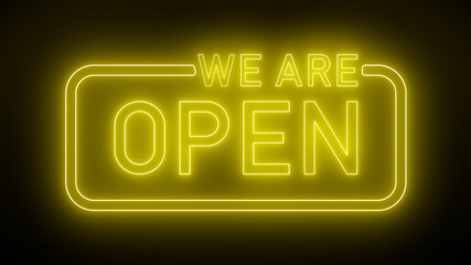 Illustation of glowing neon sign with message, we are open in orange