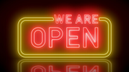 Fototapeta premium Illustation of glowing neon sign with message, we are open in red and orange
