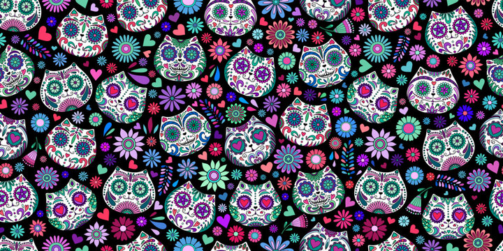 Day of the Dead skulls pattern. Dia de los muertos print. Day of the dead and mexican Halloween texture. Mexican tradition festival. Day of the dead sugar skull isolated. Dia de los Muertos tattoo 