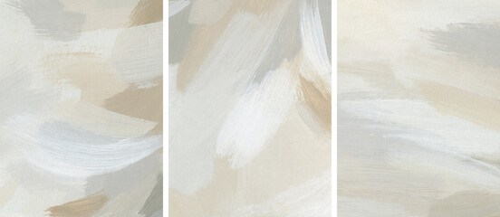 Neutral abstract art background set. Textured hand painted acrylic template. Artistic texture with paint brush strokes