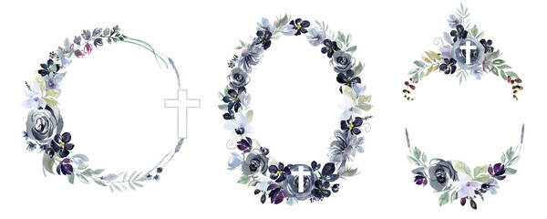 Set of watercolor religious wreaths and frames of flowers and leaves with crosses.  Easter holiday backgrounds with cream, for baptism, first communion, birthday, bible phrases
