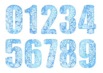 watercolor alphabet and numbers.  Blue letters and numbers with white flowers.  alphabet for learning, slinger design, invitations, postcards, first birthday, diary
