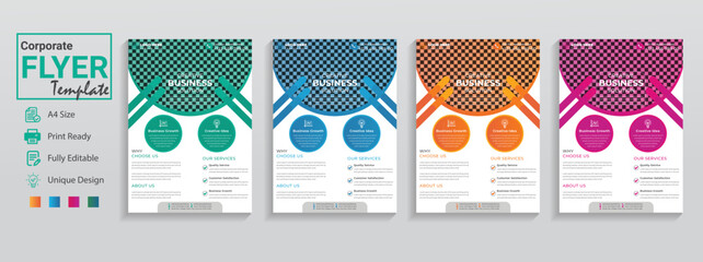 Unique flyer templates set are in 4 design colors purple orange blue. This is a creative business flyer in modern used for corporate event conference infographic workshop promotion brochure poster