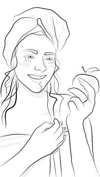 a black and white coloring page with the image of a young cute girl with a snow-white smile in a bath towel and an apple in her hand.