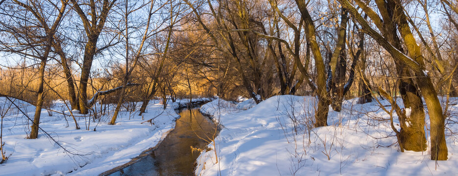 small river flow in winter snowbound forest
