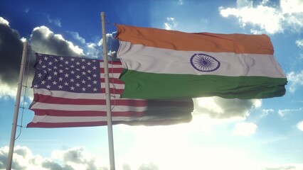 India and United States flag on flagpole. India and USA waving flag in wind. India and United States diplomatic concept. 3d illustration