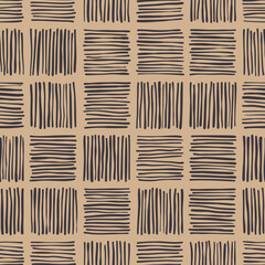 Hatched squares arranged in a regular seamless pattern. Brown background with pen strokes for projects, cards, wallpaper or wrapping paper.