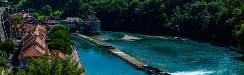 Floodgates or flood locks on the river Aare in Bern, Switzerland to regulate the water flow.