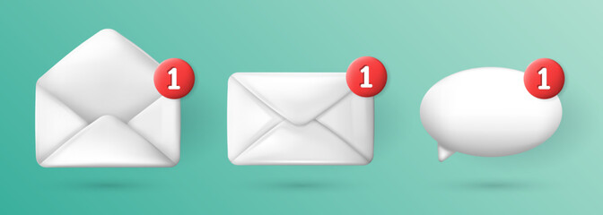 Collection of 3 social media 3D icons - oval speech bubble, opened envelope and closed letter with red notification buttons. New message, online texting, communication, dialogue, chatting stickers.