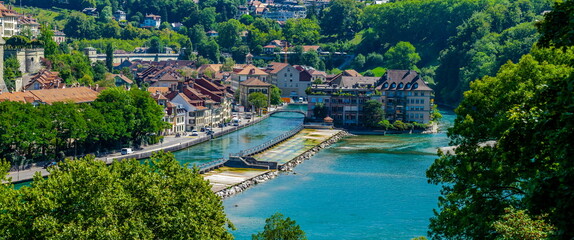Fototapeta na wymiar Floodgates or flood locks on the river Aare in Bern, Switzerland to regulate the water flow.