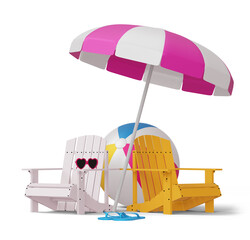 Beach chairs and umbrellas with beach ball, summer season, summer template 3d rendering