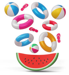 Watermelon and swimming ring with beach ball, summer season, 3d rendering