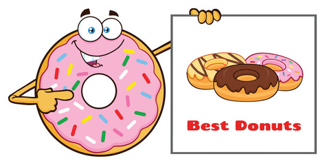  Donut Cartoon Mascot Character With Sprinkles Showing A Banner. Hand Drawn Illustration Isolated On Transparent Background