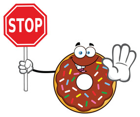  Chocolate Donut Cartoon Mascot Character With Sprinkles Holding A Stop Sign. Hand Drawn Illustration Isolated On Transparent Background