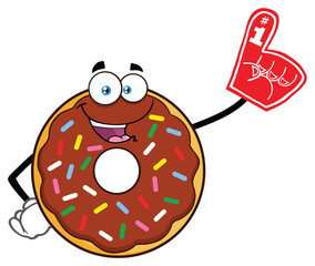  Chocolate Donut Cartoon Mascot Character With Sprinkles Wearing A Foam Finger. Hand Drawn Illustration Isolated On Transparent Background