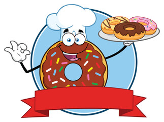  Chocolate Chef Donut Cartoon Mascot Character With Sprinkles Circle Label Design. Hand Drawn Illustration Isolated On Transparent Background