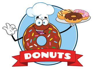  Chocolate Chef Donut Cartoon Mascot Character With Sprinkles Circle Label Design. Hand Drawn Illustration Isolated On Transparent Background