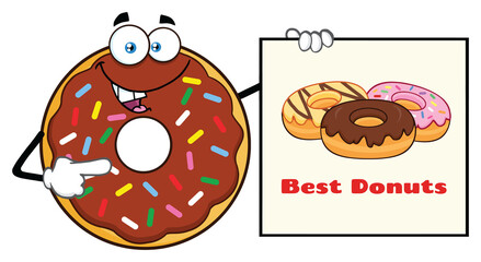  Chocolate Donut Cartoon Mascot Character With Sprinkles Showing A Banner. Hand Drawn Illustration Isolated On Transparent Background