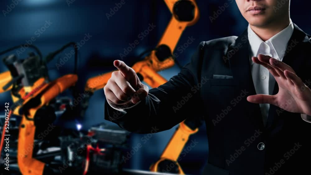 Poster engineer use cybernated robotic software to control industry robot arm in factory . automation manuf