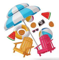 Beach chairs and umbrellas with beach ball, summer season, 3d rendering