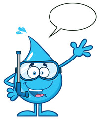  Blue Water Drop Cartoon Mascot Character With Snorkel Waving For Greeting. Hand Drawn Illustration Isolated On Transparent Background