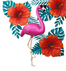 Flamingo wearing glasses and hibiscus flowerwith leaves, summer season 3d rendering