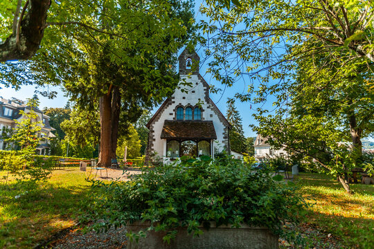 Garden in the front of the main entry to the Saint Ursula's Church in Bern, Switzerland.