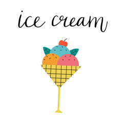 Bright ice cream with a black handwritten inscription on a white background. Vector