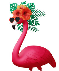 Flamingo with flower and leaves, summer season, 3d rendering © Thanasantipan