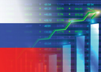 Economic growth in Russia.Russia's stock market.Russian flag with charts,growth arrow