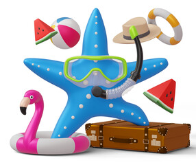 Starfish wearing scuba diving mask with summer accessory, summer sale, summer season, 3d rendering