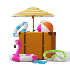 Display summer sale, suitcase with summer accessory, 3d rendering