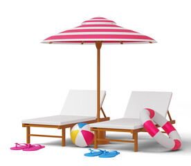 Beach chair and umbrella with camera, summer sale, summer season, 3d rendering