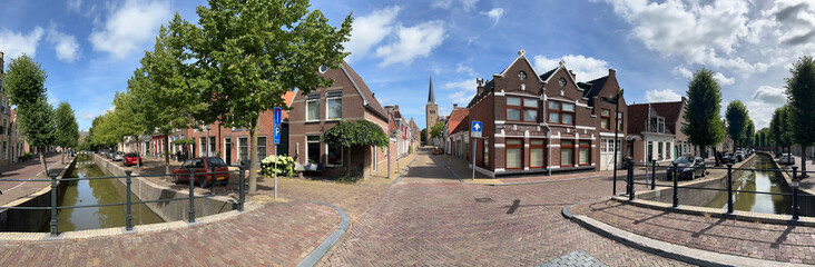 Panorama from a canal and architecture in the old city of Franeker