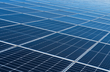 Solar panels in a solar farm generating renewable energy on a sunny day.