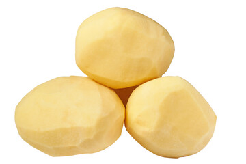 Three peeled raw potatoes isolated on a white background. Perfectly peeled homemade potatoes. A bunch of raw peeled potatoes.