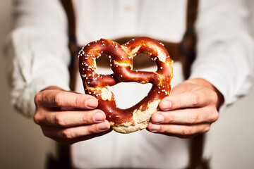 Mann in Oktoberfest Tracht in Brezel