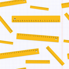 Back to school background. Concept of school background. Seamless pattern. Vector. Education, science concept. Banner. First day of school, ruler and supplies  on checkered notebook.