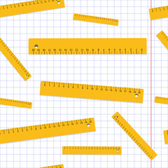 Back to school background. Concept of school background. Seamless pattern. Vector. Education, science concept. Banner. First day of school, ruler and supplies  on checkered notebook.