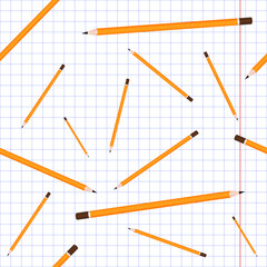  Vector banner template.  Welcome back to school vector background. Cute wallpaper with school stuffs, pencil on square paper blank sheet . Adorable banner design for education, prints, covers, kids.