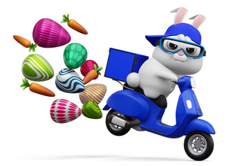 Happy easter day, rabbit delivery, cute bunny with colorful egg, 3d rendering